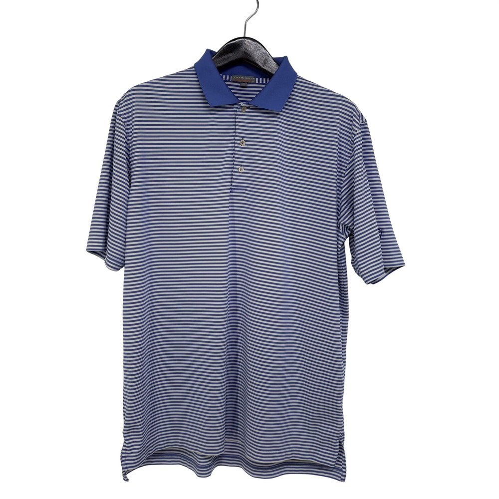 Peter Millar Summer Comfort Mens XL Blue White Striped Golf Polo Shirt Logo